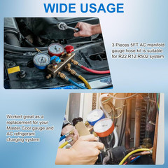 3 Pieces AC Manifold Gauge Hose Kit, Refrigerant Charging Hoses 1/4 SAE, 3FT AC