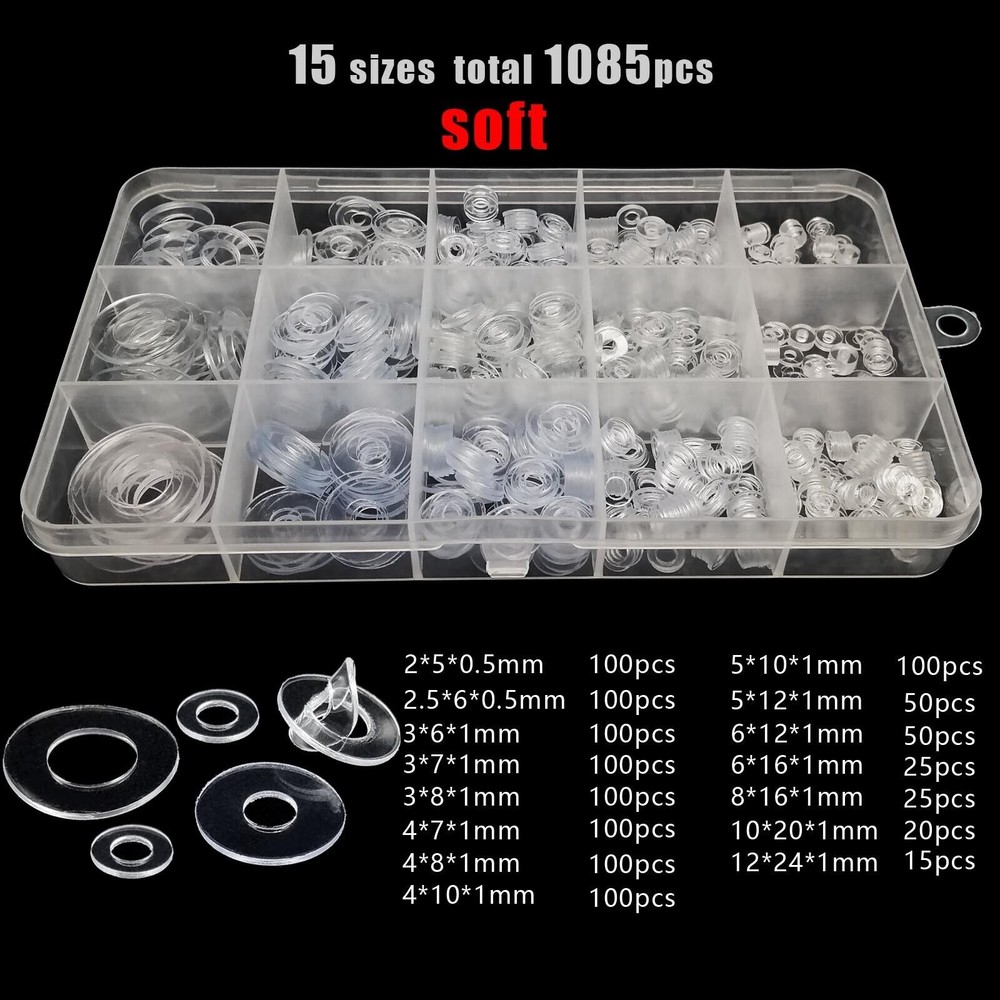 1085pc M2-M12 Soft PVC Plastic Transparent Flat Washer Insulation Gasket Kit Set