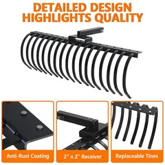 49” 3 Point Attach Landscape Rock Rake Fit for 2 inch Receiver Compact Tractor