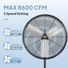 ROVSUN 30Inch Industrial Pedestal Fan 8600CFM Adjustable Height