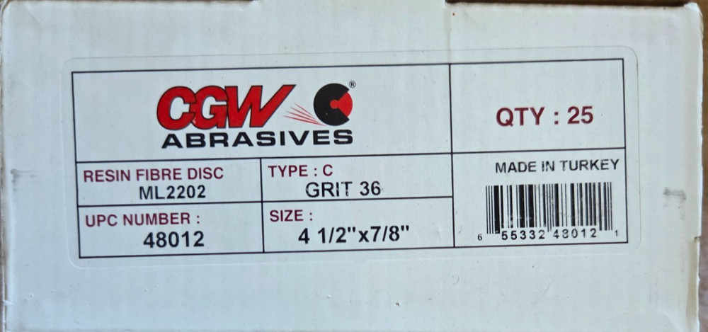 CGW Abrasives 48012 Fiber Discs-Aluminum Oxide-Size 4-1/2 x 7/8-Grit 36, 25/BOX