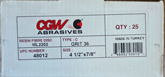 CGW Abrasives 48012 Fiber Discs-Aluminum Oxide-Size 4-1/2 x 7/8-Grit 36, 25/BOX