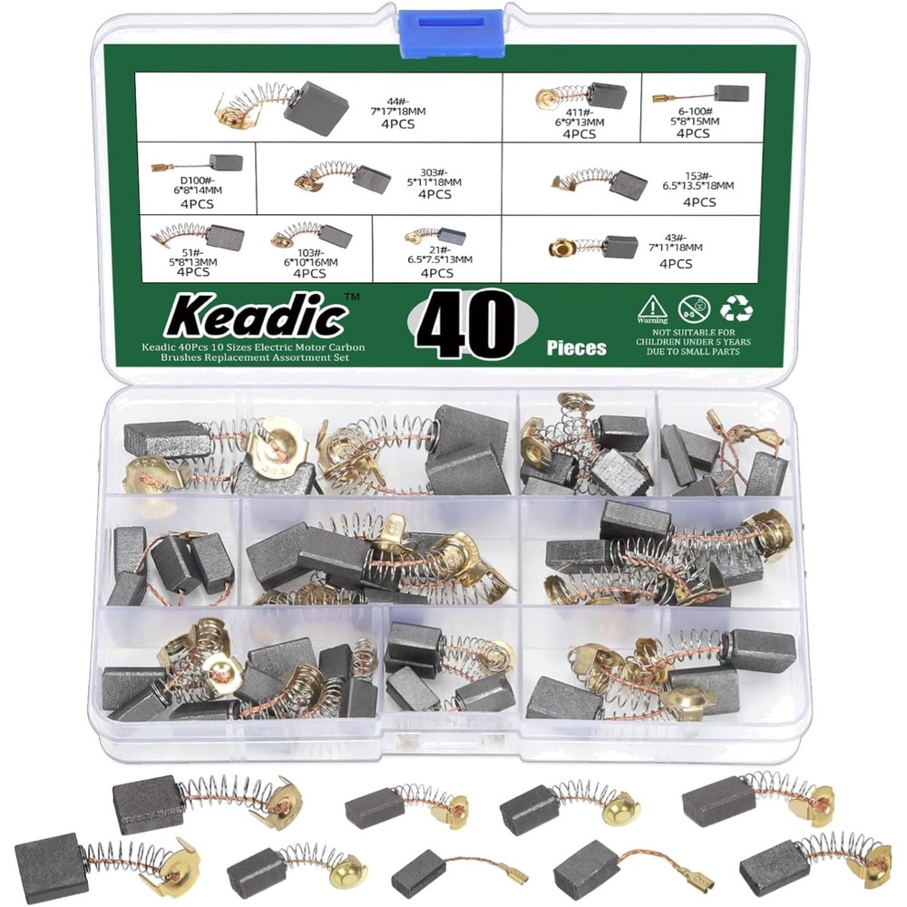 “Electric Motor Carbon Brushes 40pcs Assortment, 10 Sizes Replacement Brush Kit”