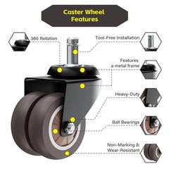 2 Inch Office Chair Wheels (Set of 5), Heavy Duty Grey Rubber Chair Casters Repl