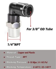 Push to Connect Fittings Elbow 3/8” Tube OD to 1/4” NPT Male Thread Black 5Pcs