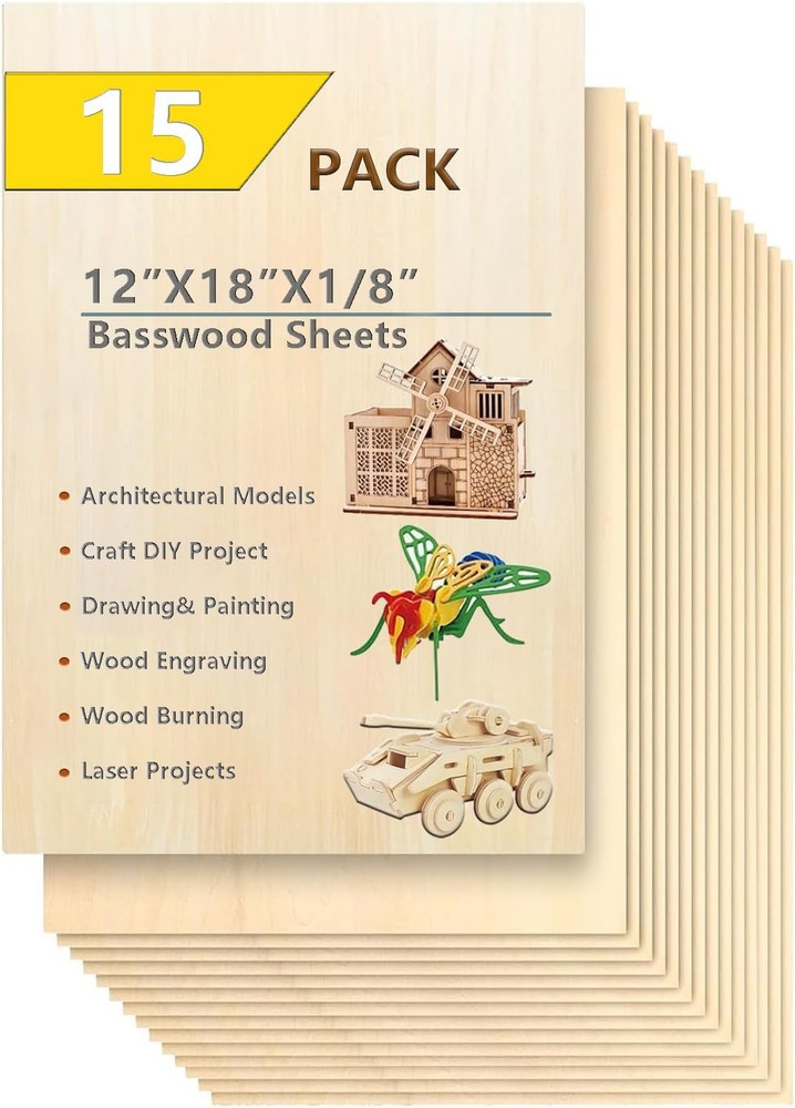 15 Pack Basswood Sheets for Crafts 12x18x1/8 Inch 3mm 12 x 18 x 1/8 inches