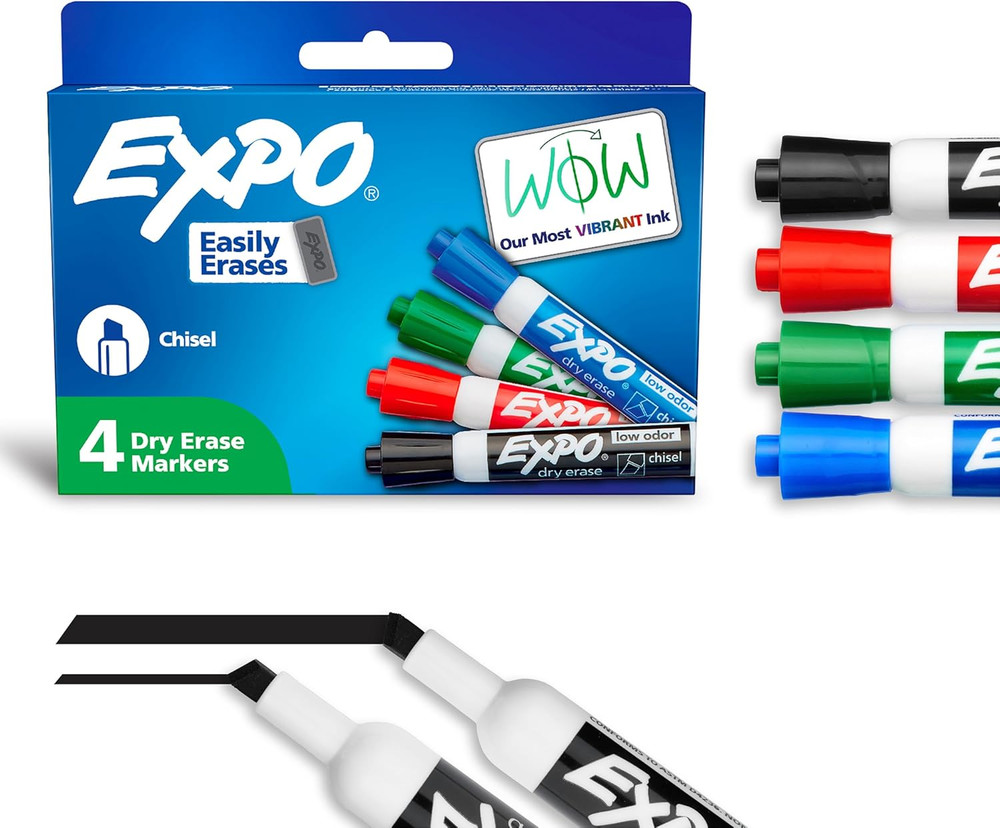 EXPO Dry Erase Markers, Low Odor Ink, Assorted Colors, Chisel Tip, 4 Count – Whi