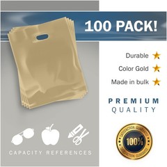 Gold Merchandise Plastic Shopping Bags – 100 Pack 9″ x 12″ with 2 mil Thick -…