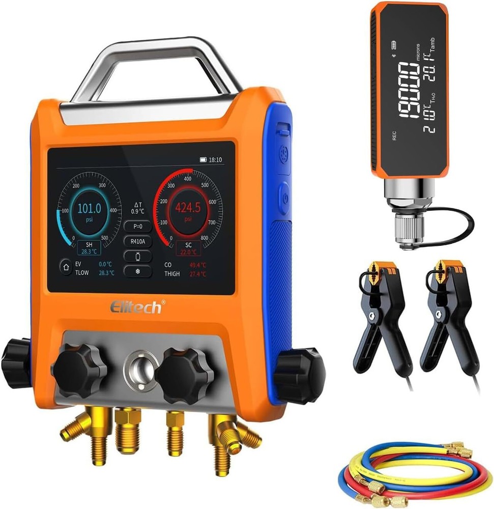 Elitech Digital 4 Valve Manifold Gauge w/Hoses Clamps & Vacuum Gauge, EMG-40VPro