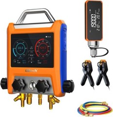 Elitech Digital 4 Valve Manifold Gauge w/Hoses Clamps & Vacuum Gauge, EMG-40VPro