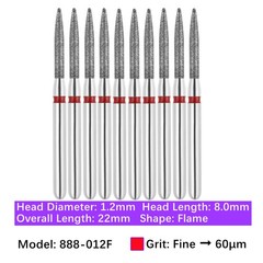Vakker 10pc Dental 888-012F Fine Grit FG Diamond Burs Friction Grip Flame Shape