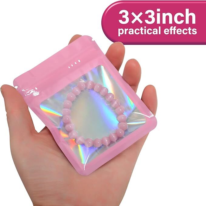100 Pack Pink Holographic Ziplock Bags Resealable Sealable Mylar Packaging Bag