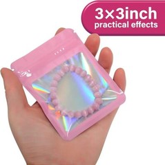 100 Pack Pink Holographic Ziplock Bags Resealable Sealable Mylar Packaging Bag
