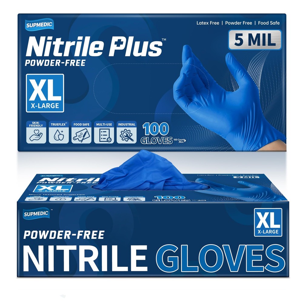 Supmedic Nitrile+ Disposable Gloves, 5 Mil X-Large, (Blue) X-large