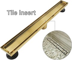 24 Inch Gold Linear Shower Drain, 2-in-1 Tile Insert, Brushed Brass Stainless
