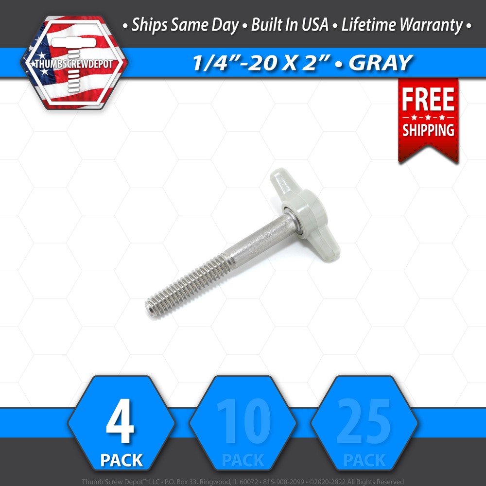 1/4″-20 x 2″ Thumb Screw Stainless Steel – Gray Tee / Wing Knob – USA