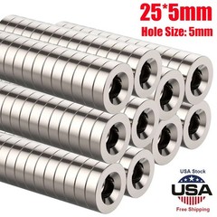 20 50 Strong Countersunk Ring Magnets 25 x 5mm Hole 5mm Rare Earth Neodymium