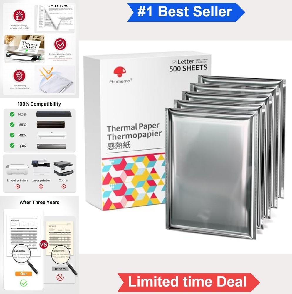 Thermal Printer Paper 8.5 x 11 US Letter 500 Sheets Inkless for Portable