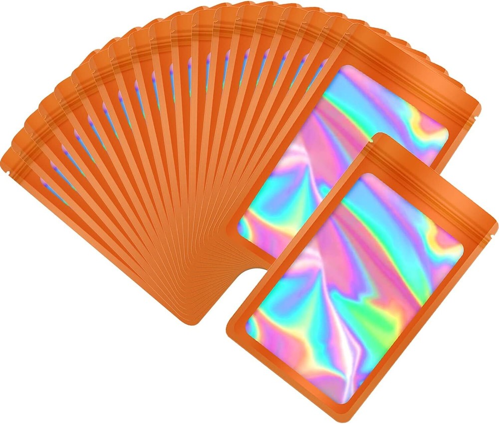 100 Pack Orange Holographic Ziplock Bags Resealable Sealable Mylar Packaging Bag