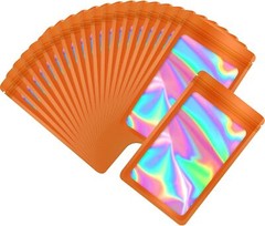 100 Pack Orange Holographic Ziplock Bags Resealable Sealable Mylar Packaging Bag