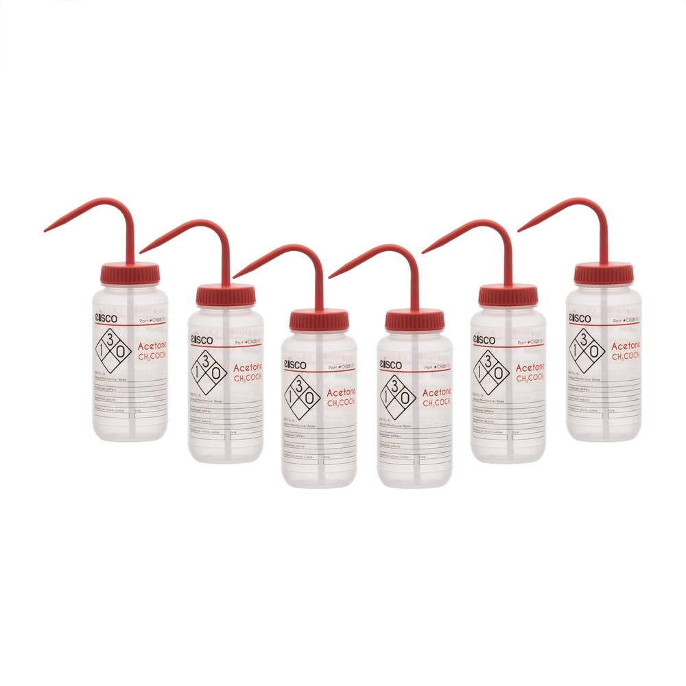 6PK Acetone Wash Bottle, 500ml – Wide Mouth, Pre-Labeled – LDPE – Eisco Labs