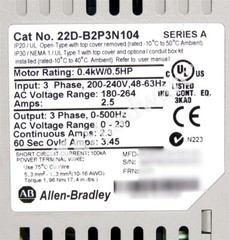 Allen-Bradley 22D-B2P3N104 /A PowerFlex 40P 208-240V 3-Phase 2.3A 0.4kW AC Drive