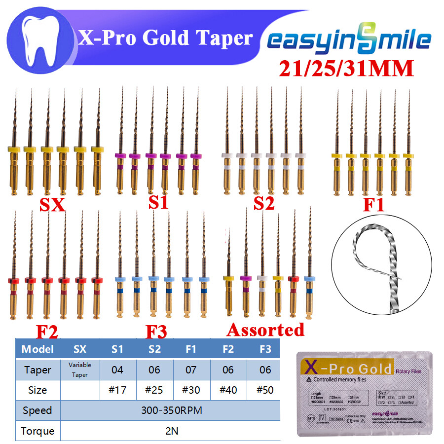 Dental Endo Rotary Files X-Pro Gold Taper NITI Root Canal Files 21/25/31MM 6Pcs