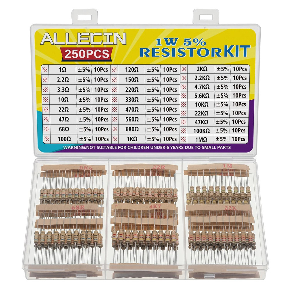 25 Values 1W Carbon Film Resistor Kit from 1 Ohm to 1M Ohm 1 Watt 5% Resistors