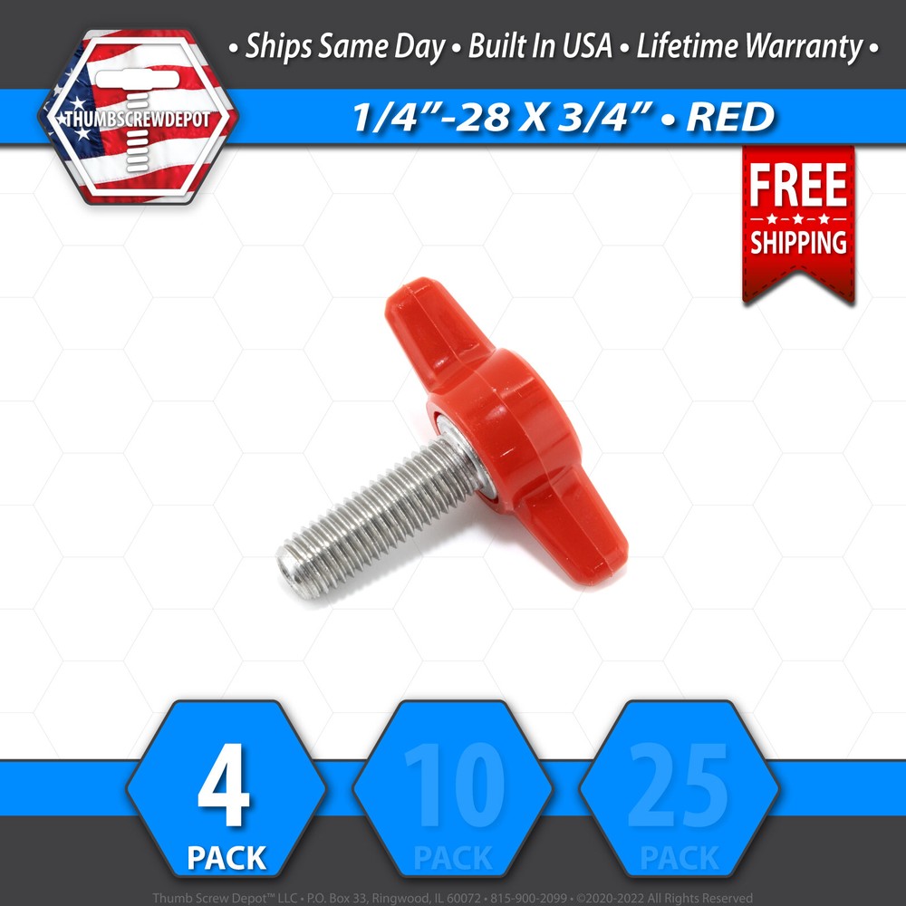 1/4″-28 x 3/4″ Thumb Screw Stainless Steel – Red Tee / Wing Knob – USA