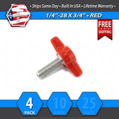 1/4″-28 x 3/4″ Thumb Screw Stainless Steel – Red Tee / Wing Knob – USA