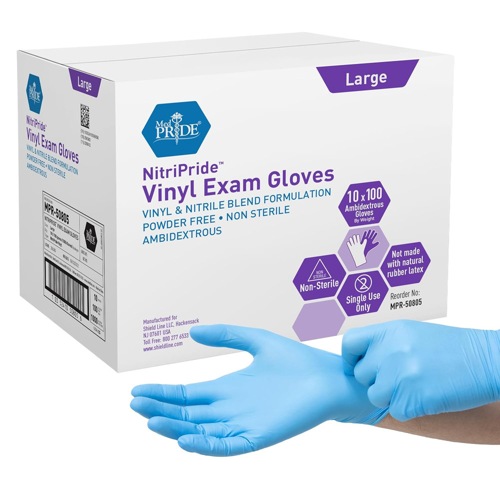 Nitripride Nitrile-Vinyl Blend Exam Gloves, Large 1000 – Powder Free, Latex Free
