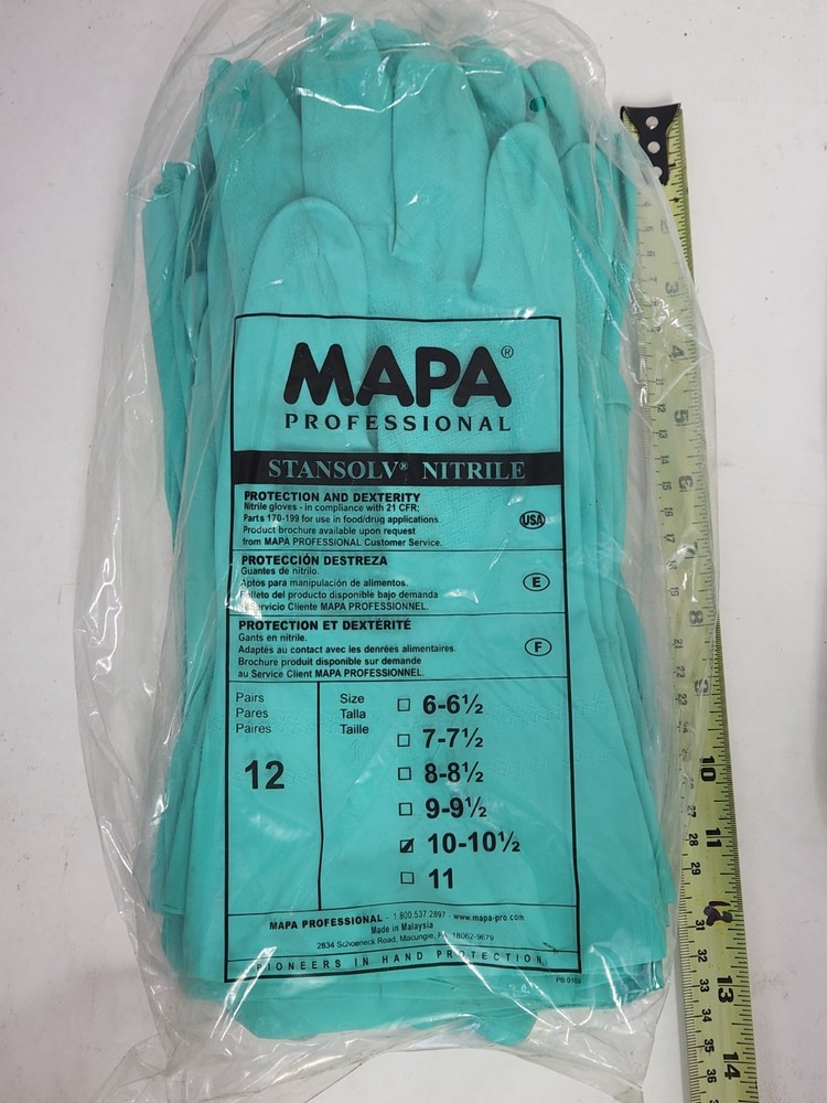 12 Pairs! MAPA A-15 Stansolv Nitile Green Cleaning Gloves Size 10 & 10-1/2 Large