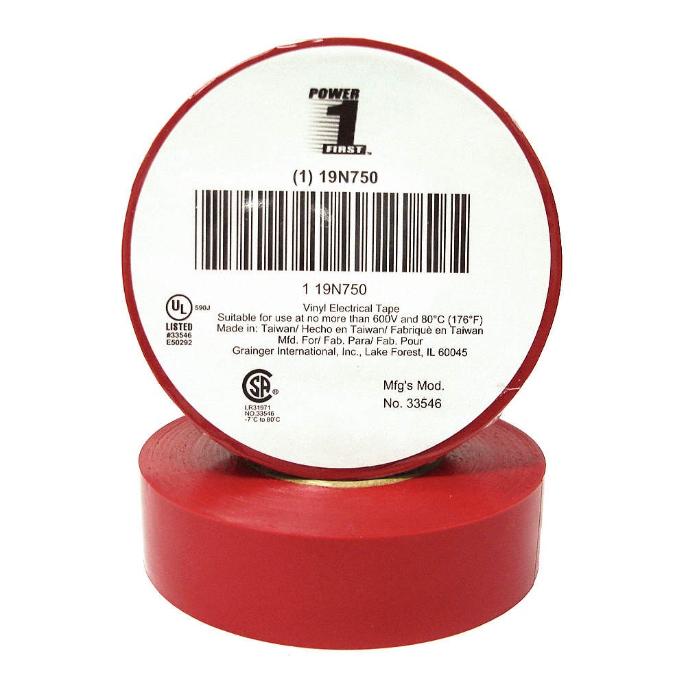 GRAINGER APPROVED 19N750 Elec Tape,60 ft Lx3/4 in W,7 mil,Red PK 10