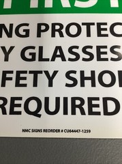 SAFETY FIRST HEARING PROTECTION SAFETY GLASSES AND SAFETY SHOES…10” x 14”