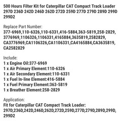 500 Hours Filter Kit for Caterpillar CAT Compact Track Loader 297D 236D 242D 246