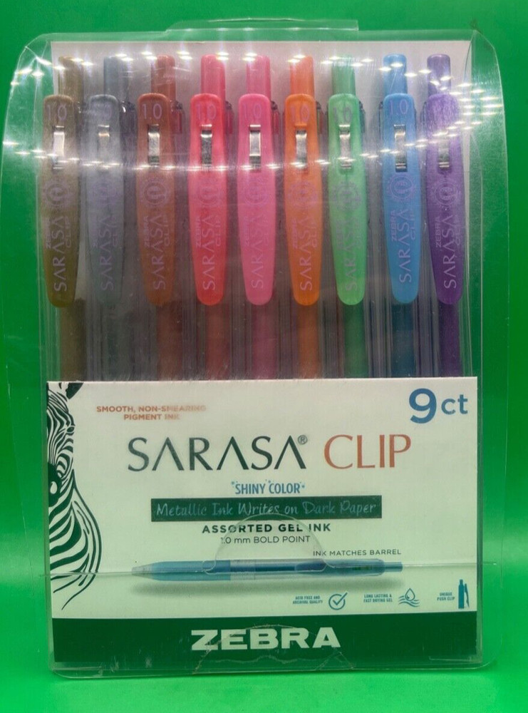 Zebra Sarasa Clip 1 mm Fine Point Pen 9 ct Metallic Bold Color Gel Ink Set NEW
