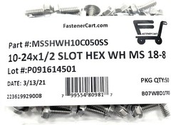 (50) 10-24×1/2 Stainless Steel Slotted Hex Washer Head Machine Screws 18-8