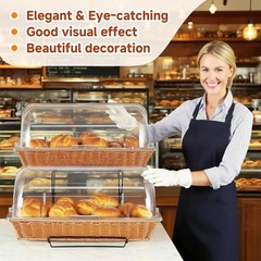 2 Pack Bread Basket Serving Tray 20.5×13 In with Clear Roll Top Cover and Metal