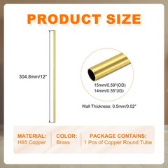12″ Length Brass Round Tube 15mm OD x 0.5mm Wall Thickness Straight Pipe Tubing