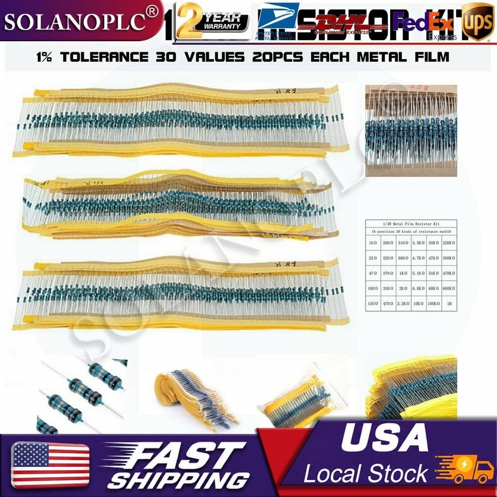600pcs 30 Values 1/4W Metal Film Resistors Resistance Assortment Kit Set 1% USA