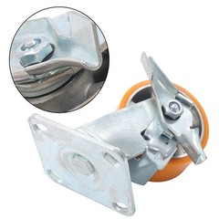 4″ Side Brake Polyurethane Plate Casters, 3200 Pounds, Silver + Qrange, 4 Pieces