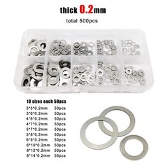 500pcs M3-M8 0.2mm 304 Stainless Steel Ultra Thin Flat Washer Shim Set Kit Box