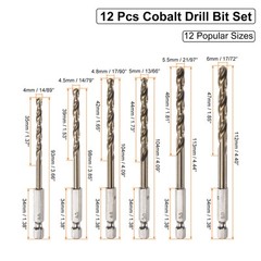 12pack Cobalt Drill Bit Set 12 Sizes M35 Twist Drills for Metal Hex Shank Bits