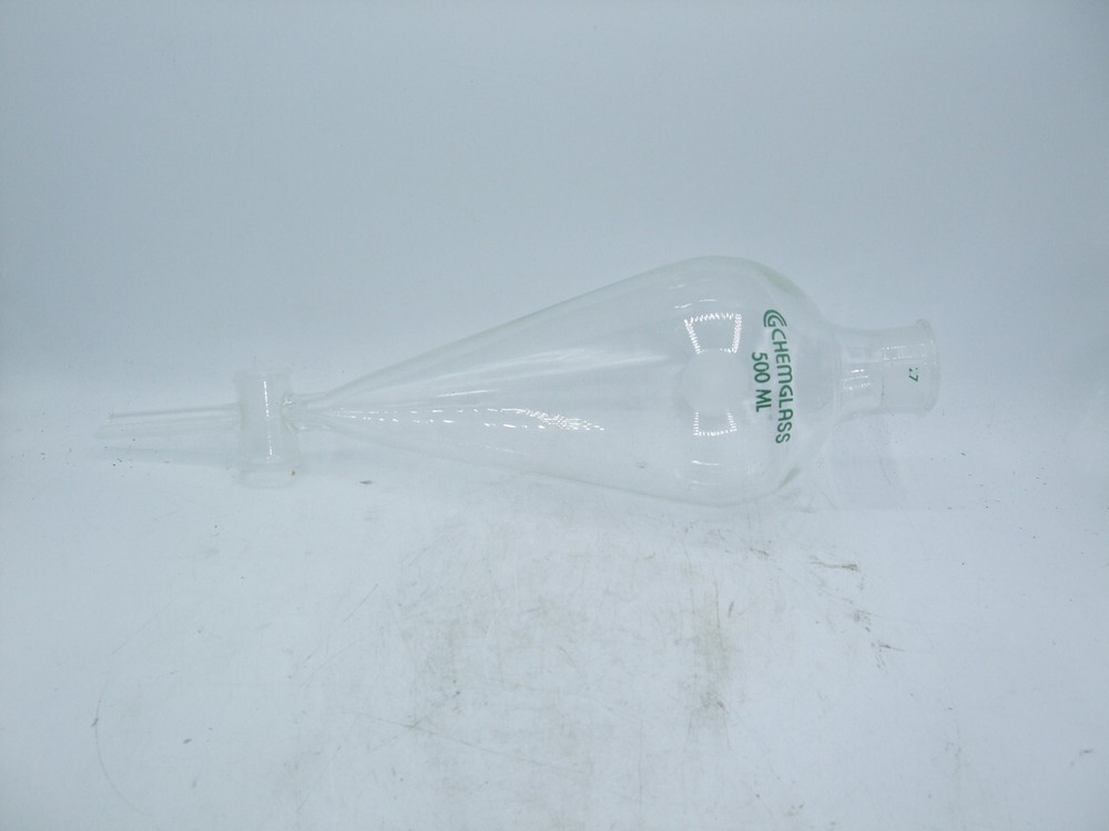 Green CHEMGLASS 500mL SEPARATORY FUNNEL CG 1742 05 SQUIBB #27 NECK 4mm STOPCOCK