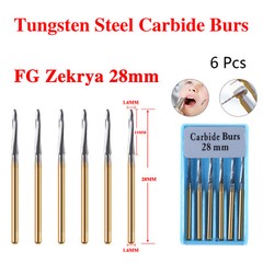 6 PCS Zekrya 28mm Long Dental Carbide Burs Surgical Drills FG Shank Dia. 1.6mm