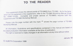 KUBOTA TG1860G TRACTOR SERVICE MANUAL SUPPLEMENT