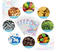 100/200 Pcs Holographic Mylar Foil Bags Resealable Zip Seal Pouches Smell Proof