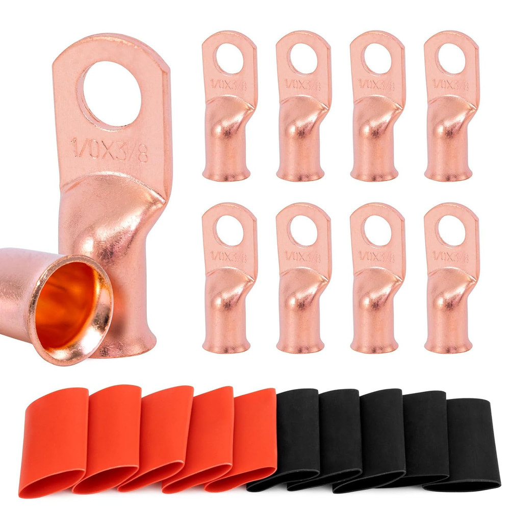 10Pcs 1/0 AWG-3/8(M10) Copper Lugs, 0 Gauge Ring Terminals, Heavy Duty Wire Conn