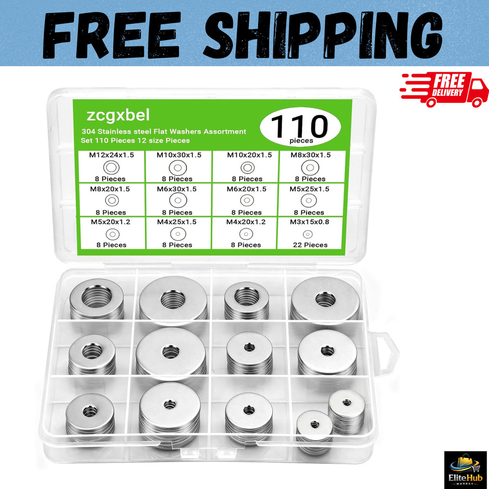 108Pcs 304 Stainless Steel Flat Washers, Fender Washers Assortment Kit 12 Sizes