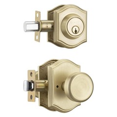 Satin Brass Door Knob with Lock, Exterior Door Lock Set with Deadbolt, Exteri…